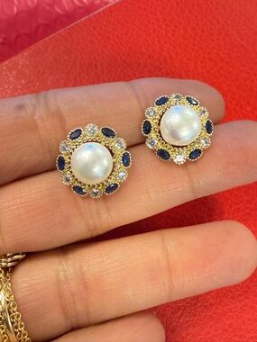 Gold Pearl and Blue Sapphire Halo Stud Earrings